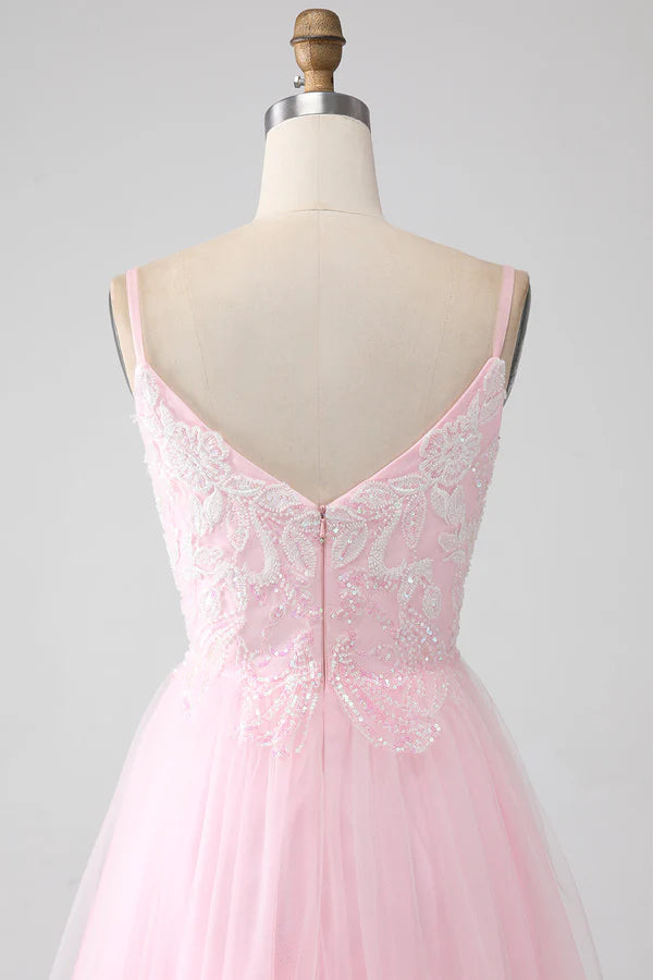 Light Pink A-Line Spaghetti Straps Prom Dress with Beading simple gentle atmospheric and unique desi