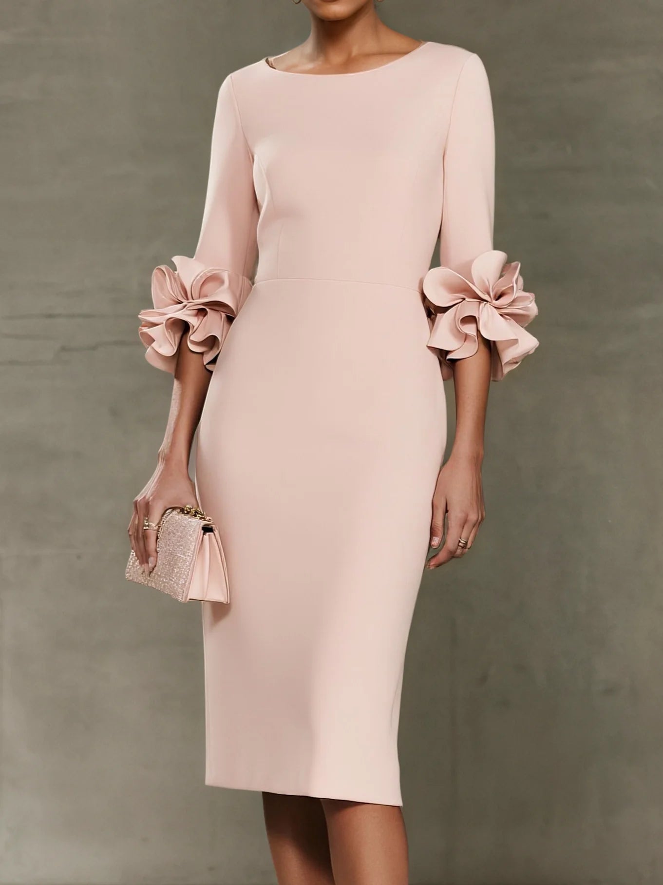 Light Pink Ruffled Classic Crew Neck Half Sleeve Sheath Midi Dress simple gentle atmospheric and unique desi Bring summer colors to enhance whiteness