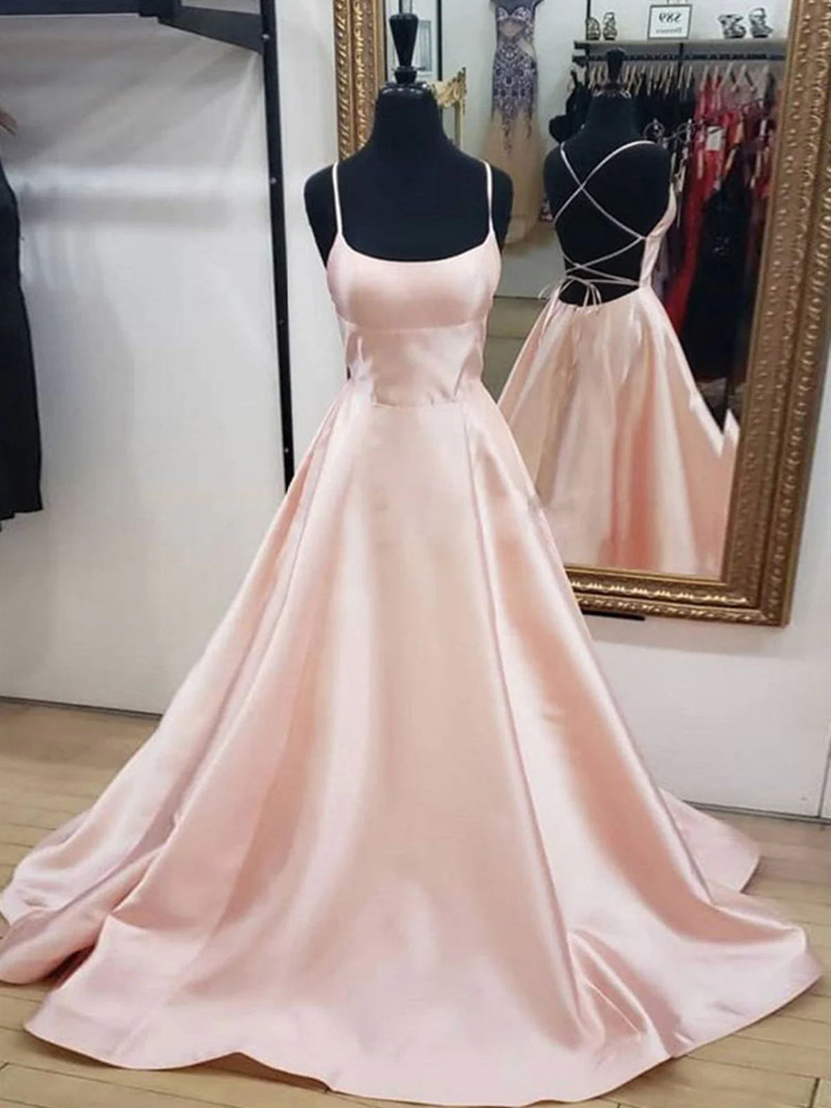 Light Pink Satin Long Prom Dress Open Back Formal Graduation Dresses simple gentle atmospheric and unique desi Bring summer colors to enhance whiteness ﻿
