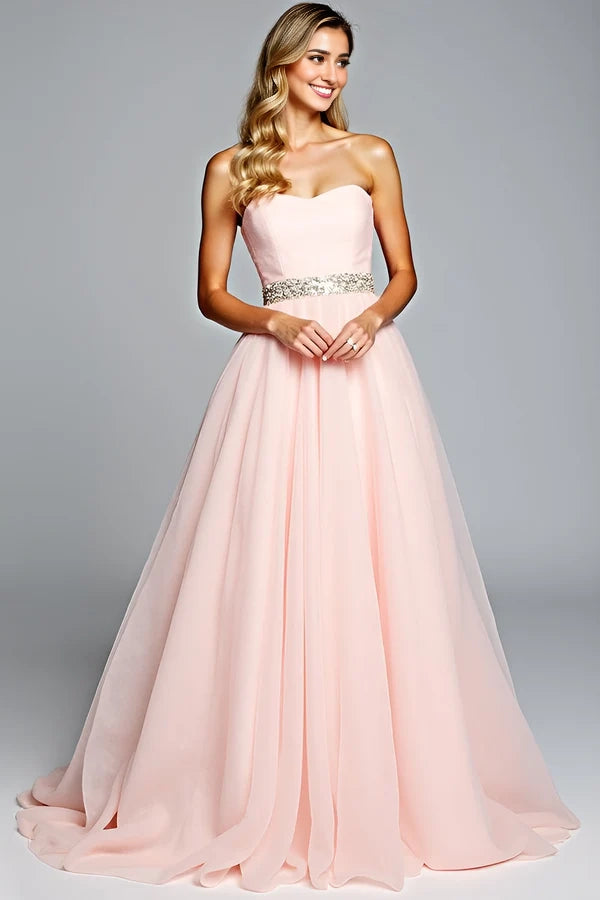 Light Pink Strapless A Line Tulle Prom Dress with Beading simple gentle atmospheric and unique desi Bring summer colors to enhance whiteness