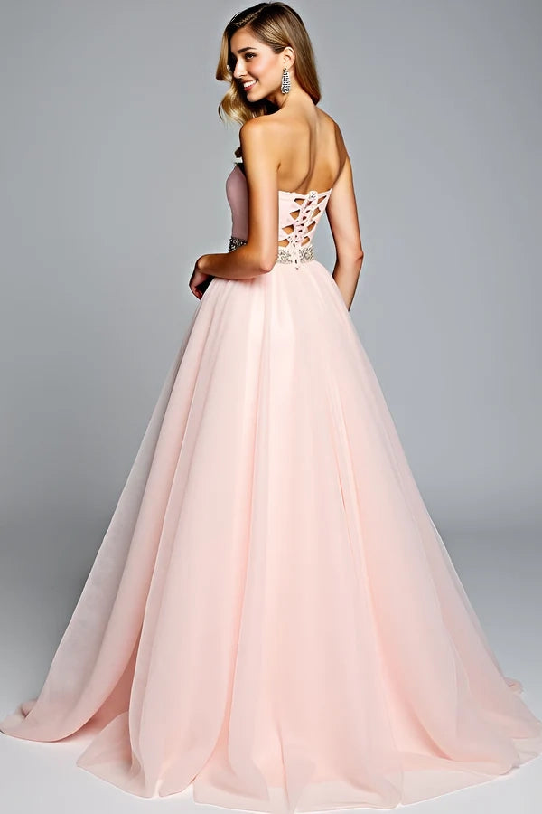 Light Pink Strapless A Line Tulle Prom Dress with Beading simple gentle atmospheric and unique desi Bring summer colors to enhance whiteness