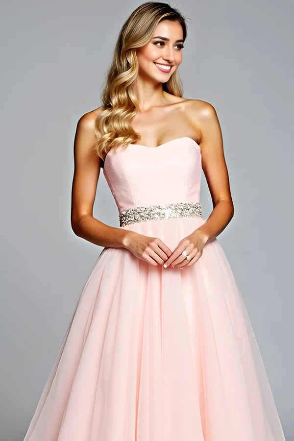 Light Pink Strapless A Line Tulle Prom Dress with Beading simple gentle atmospheric and unique desi Bring summer colors to enhance whiteness