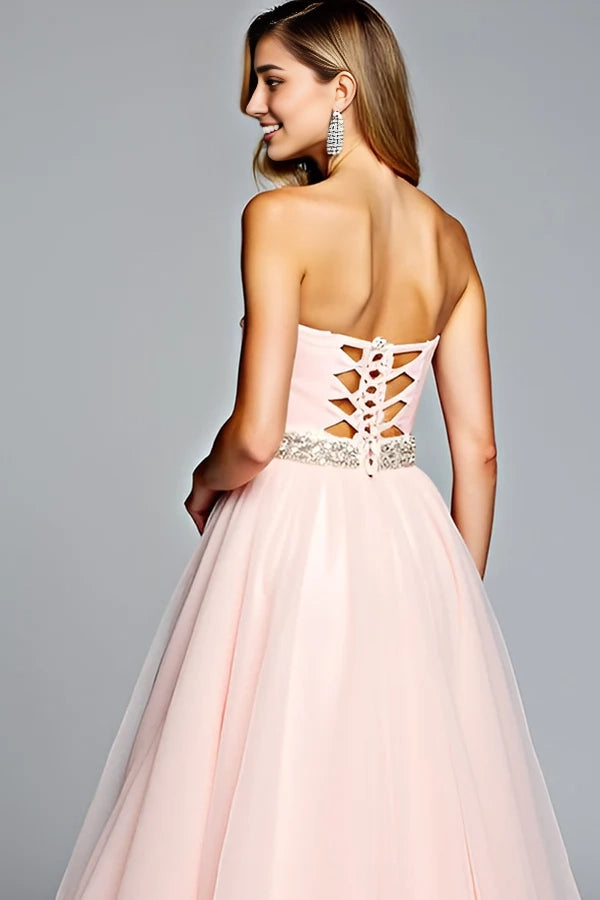Light Pink Strapless A Line Tulle Prom Dress with Beading simple gentle atmospheric and unique desi Bring summer colors to enhance whiteness