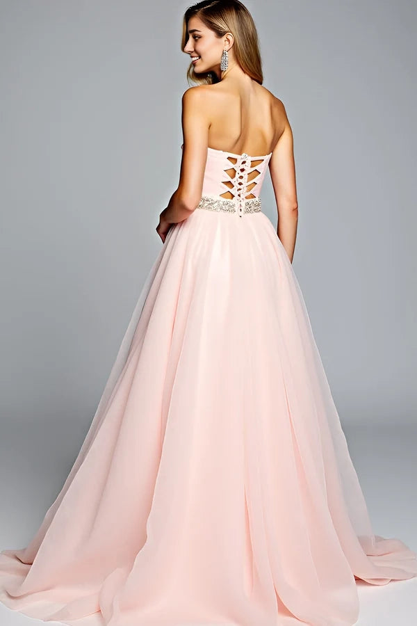 Light Pink Strapless A Line Tulle Prom Dress with Beading simple gentle atmospheric and unique desi Bring summer colors to enhance whiteness