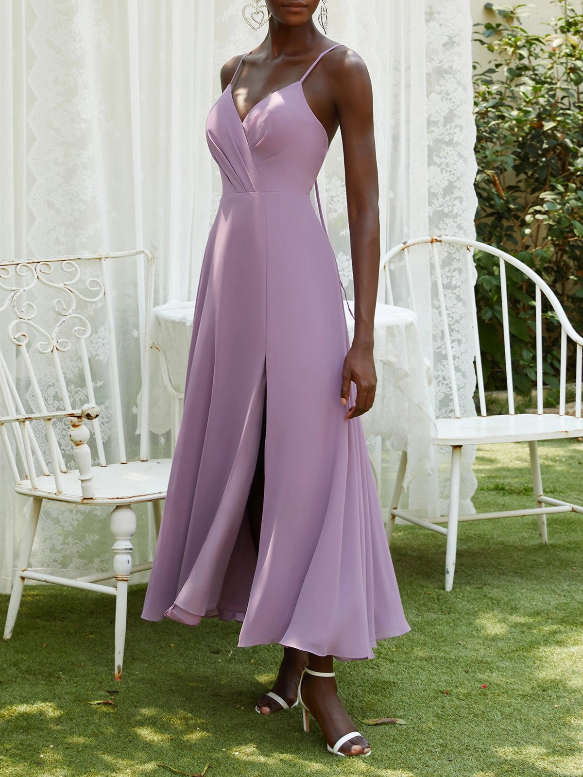 Light Purple Chiffon Spaghetti Gallus A-Line Maxi Bridesmaid Dress simple gentle atmospheric and unique desi Bring summer colors to enhance whiteness