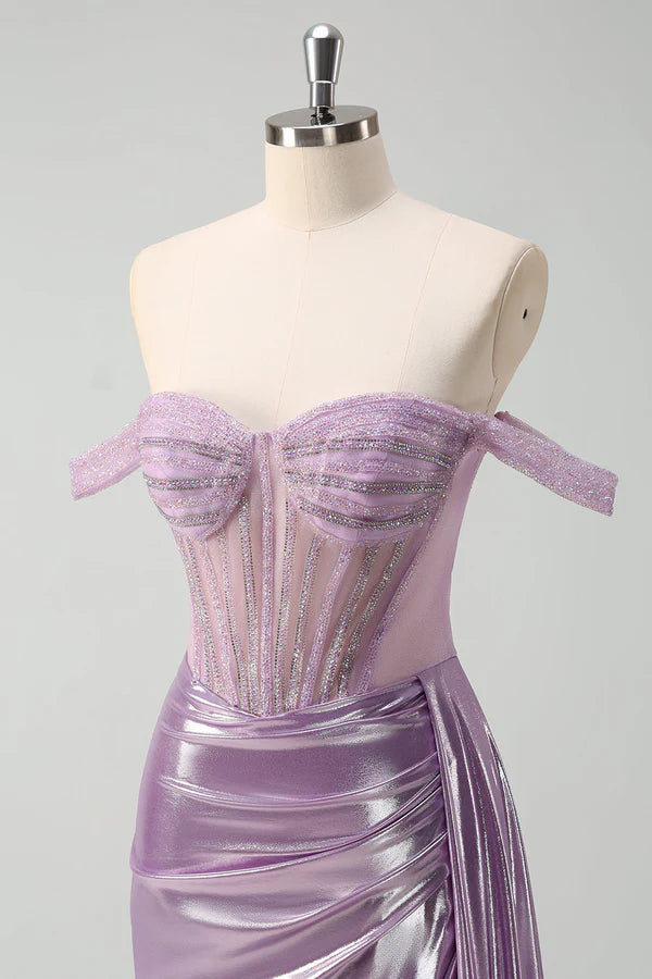 Light Purple Off The Shoulder Watteau Train Mermaid Corset Metallic Prom Dress simple gentle atmospheric and unique desi