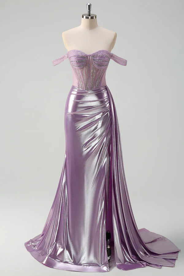 Light Purple Off The Shoulder Watteau Train Mermaid Corset Metallic Prom Dress simple gentle atmospheric and unique desi