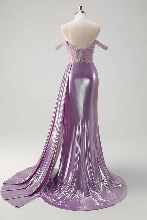 Light Purple Off The Shoulder Watteau Train Mermaid Corset Metallic Prom Dress simple gentle atmospheric and unique desi