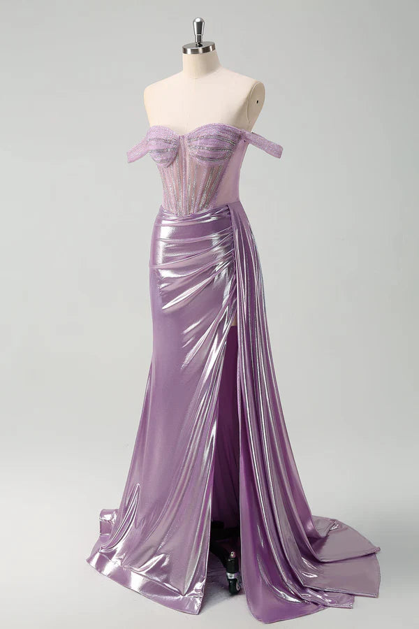 Light Purple Off The Shoulder Watteau Train Mermaid Corset Metallic Prom Dress simple gentle atmospheric and unique desi