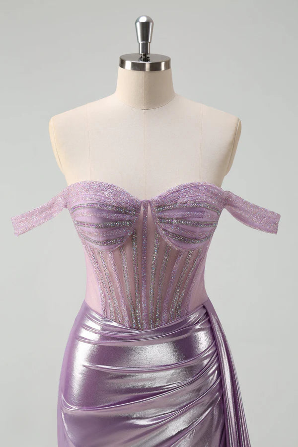 Light Purple Off The Shoulder Watteau Train Mermaid Corset Metallic Prom Dress simple gentle atmospheric and unique desi