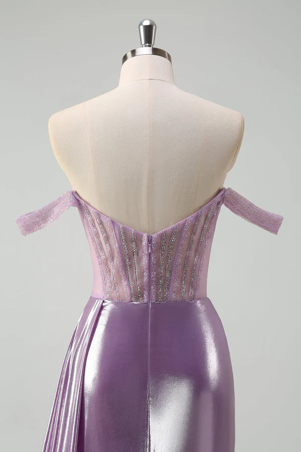 Light Purple Off The Shoulder Watteau Train Mermaid Corset Metallic Prom Dress simple gentle atmospheric and unique desi