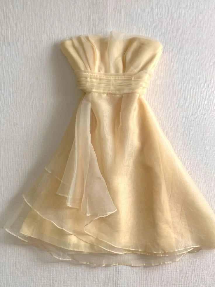 Light Yellow A Line Strapless Layered Organza Mini Homecoming Dress Cocktail Dress  simple gentle atmospheric and unique desi Bring summer colors to enhance whiteness ﻿