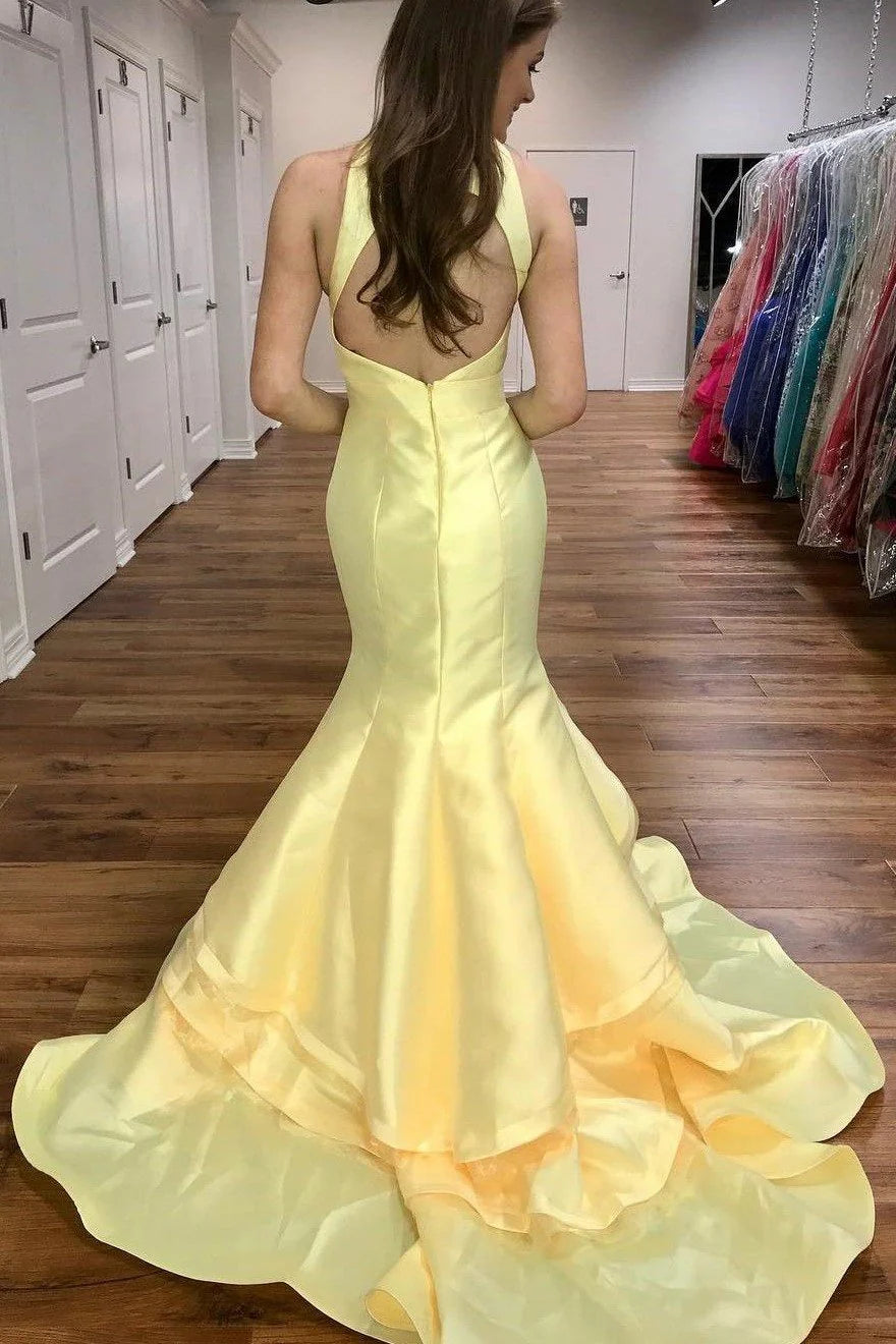 Light Yellow Satin Mermaid Evening Gowns with Tiered Skirt simple gentle atmospheric and unique desi Bring summer colors to enhance whitenes