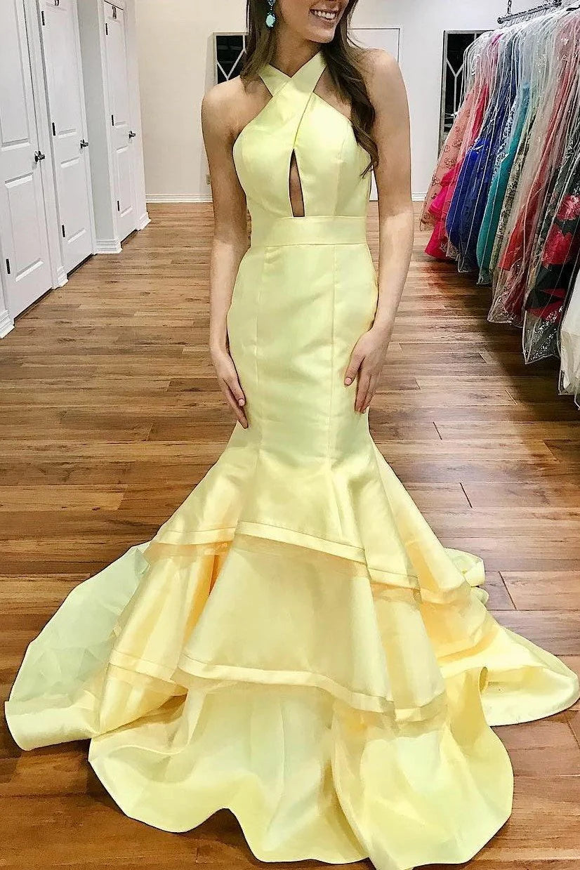 Light Yellow Satin Mermaid Evening Gowns with Tiered Skirt simple gentle atmospheric and unique desi Bring summer colors to enhance whitenes