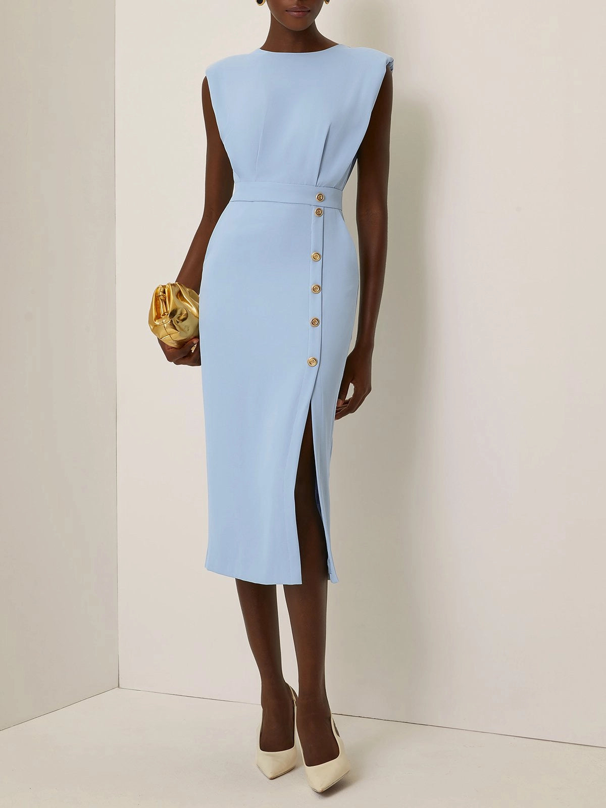 Light Blue Buckle Classic Crew Neck Sleeveless Sheath Dress simple gentle atmospheric and unique desi Bring summer colors to enhance whiteness