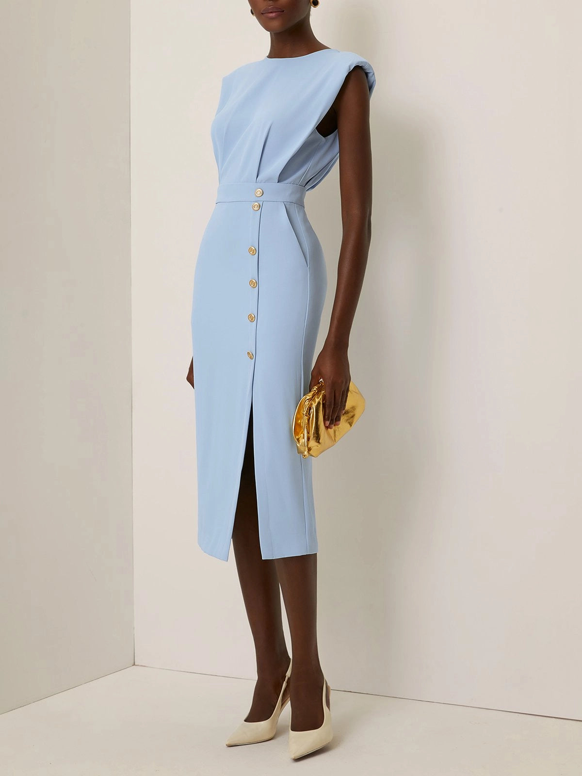 Light Blue Buckle Classic Crew Neck Sleeveless Sheath Dress simple gentle atmospheric and unique desi Bring summer colors to enhance whiteness