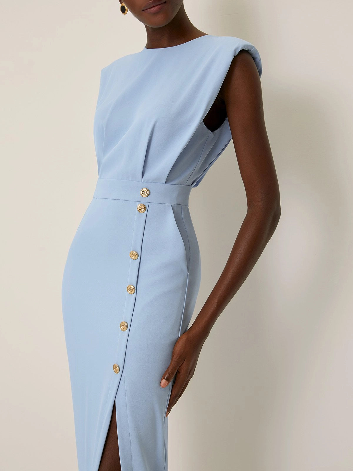 Light Blue Buckle Classic Crew Neck Sleeveless Sheath Dress simple gentle atmospheric and unique desi Bring summer colors to enhance whiteness