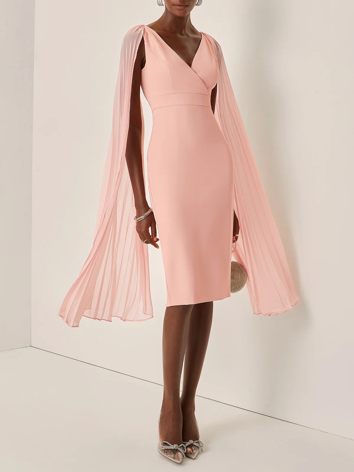 Light Pink Pleated Classic V Neck Sleeveless Sheath Midi Dress simple gentle atmospheric and unique desi Bring summer colors to enhance whiteness