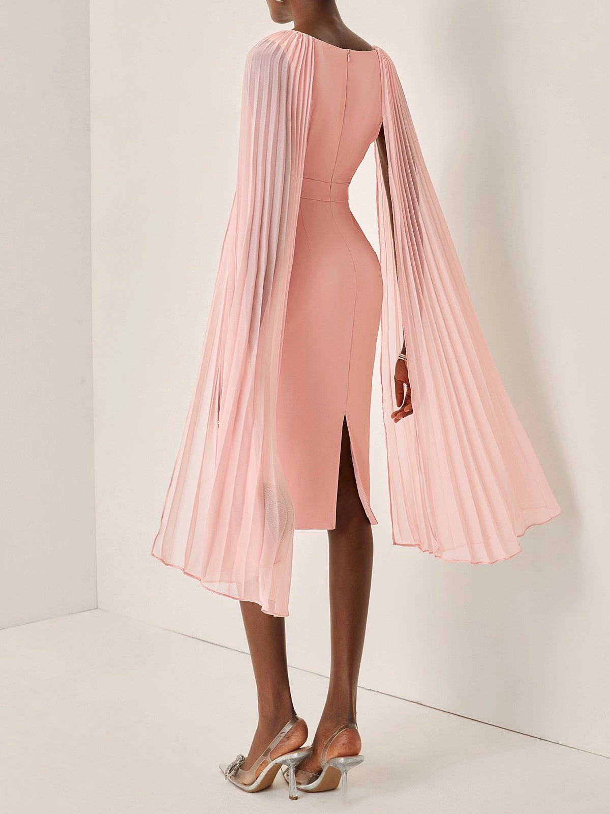 Light Pink Pleated Classic V Neck Sleeveless Sheath Midi Dress simple gentle atmospheric and unique desi Bring summer colors to enhance whiteness