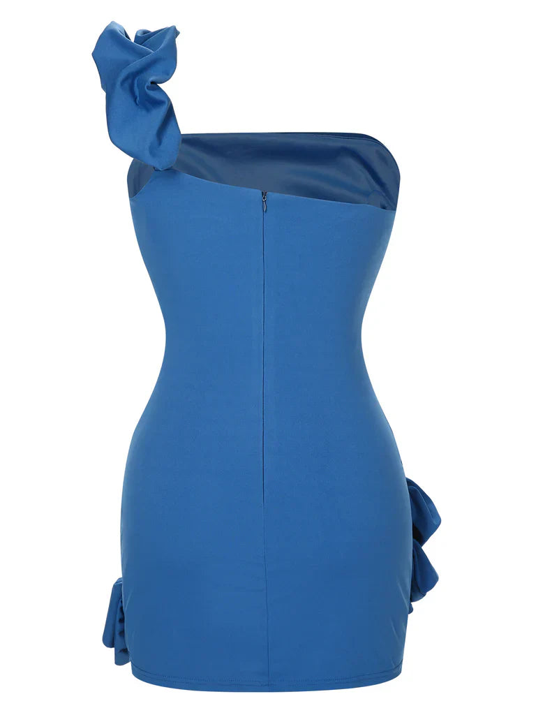 Light blue "Garden Elf" dress with strapless design, single-sided lotus shoulder and flower bud arrangement, perfect for date parties