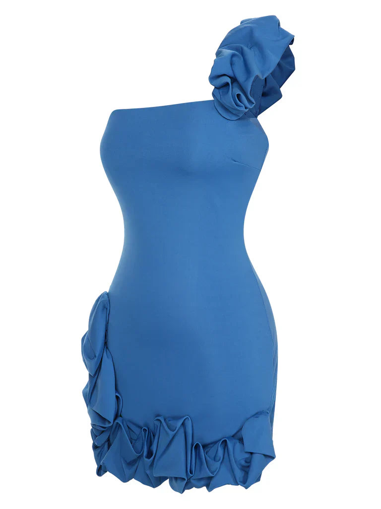 Light blue "Garden Elf" dress with strapless design, single-sided lotus shoulder and flower bud arrangement, perfect for date parties