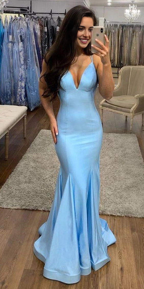 Light blue camisole long dress with deep V-neckline and thin camisole design suitable for dinners dances etc