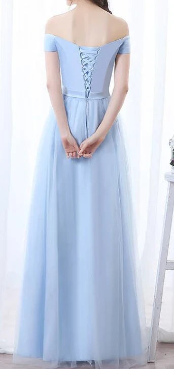 Light blue mesh dress with one shoulder, short sleeved, high waisted tie and bow, suitable for dinner parties