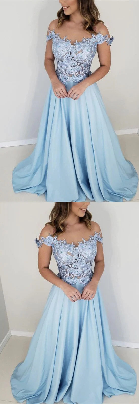 Light blue off shoulder long dress dress with off shoulder design and lace pattern decoration suitable for dinners, dances, etc