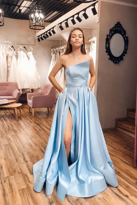 Light blue one shoulder long dress, with a wide and high slit skirt design, suitable for dinners, dances, etc