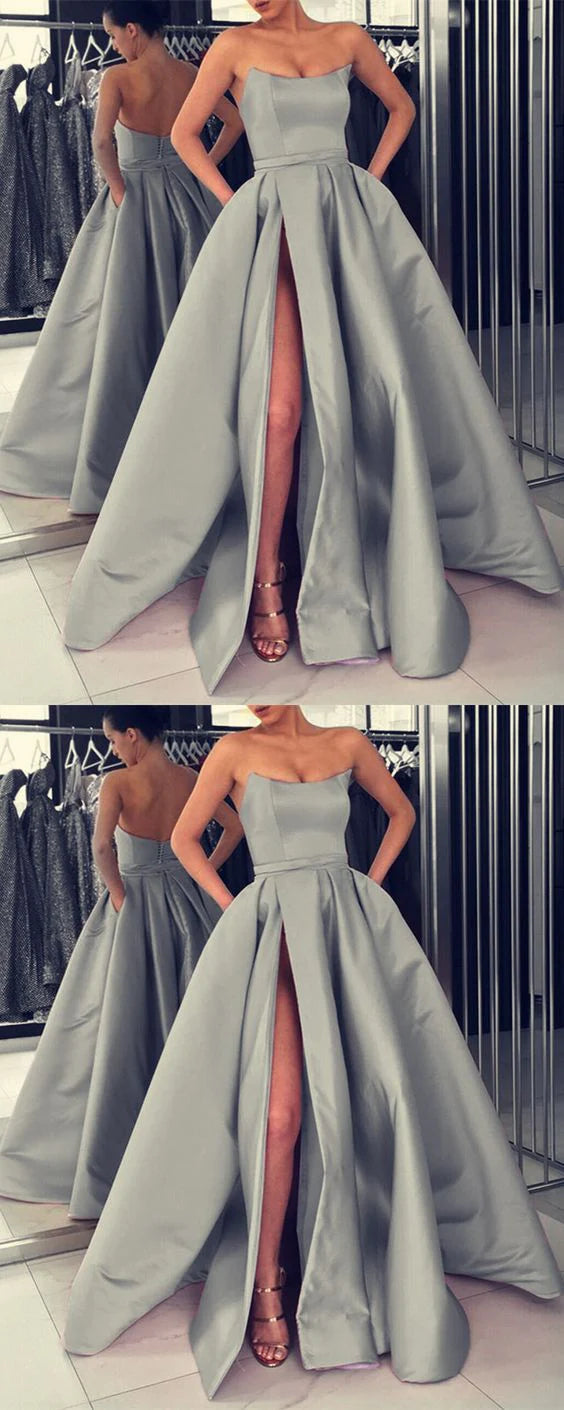 Light gray satin dress with strapless design, high waisted slit skirt suitable for dinners, dances and other occasions