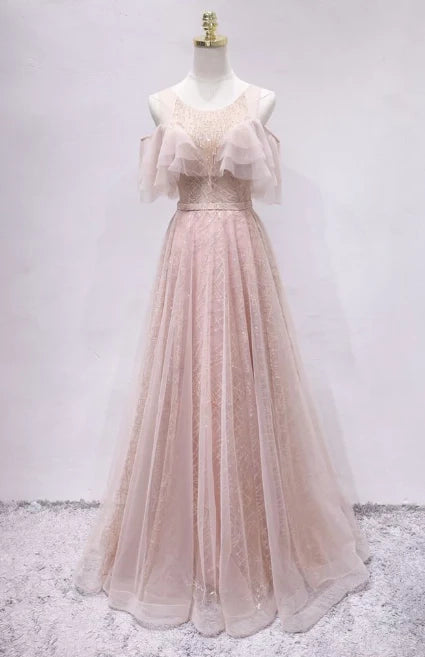 Light pink chiffon dress, round neck off shoulder sequin embroidery suitable for dinner parties