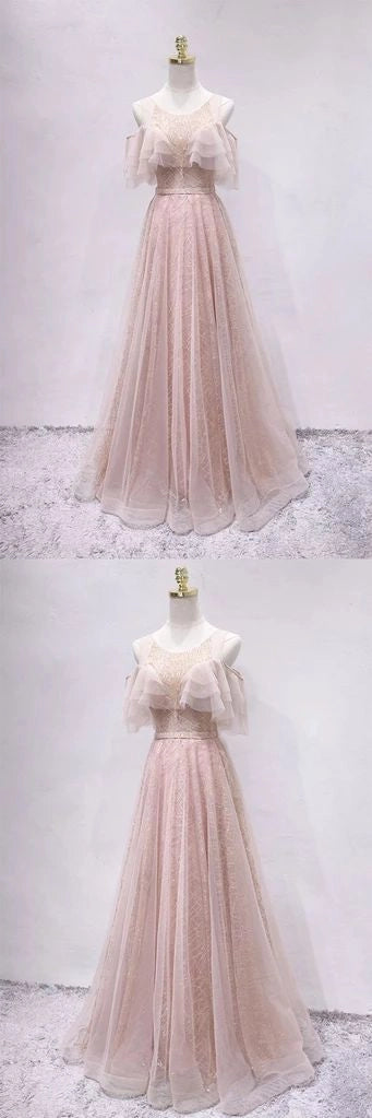 Light pink chiffon dress, round neck off shoulder sequin embroidery suitable for dinner parties