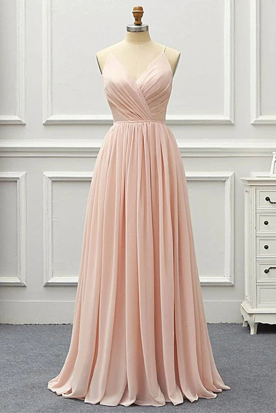 Light pink chiffon dress with deep V-neck straps and crossed pleats on the upper body, suitable for dinners, wedding bridesmaid dresses, etc