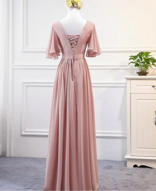 Light pink long dress, V-neck design, semi transparent flared sleeves, suitable for dinners, weddings and other occasions