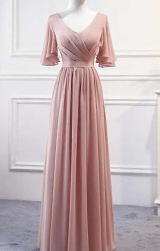 Light pink long dress, V-neck design, semi transparent flared sleeves, suitable for dinners, weddings and other occasions