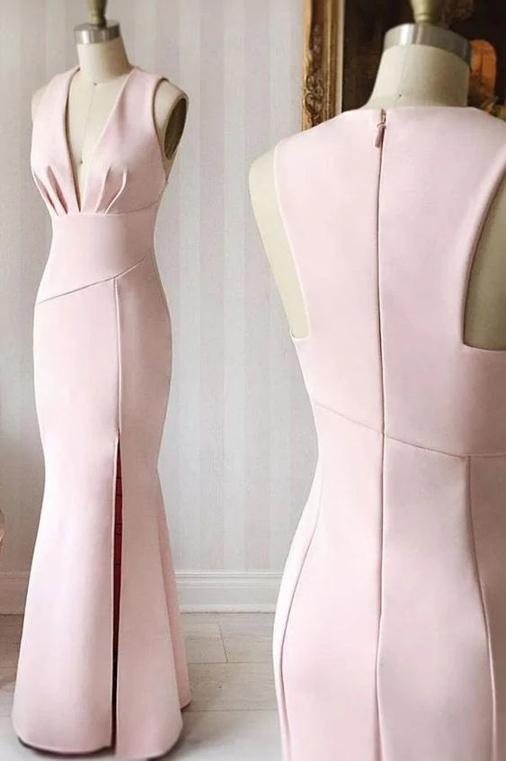 Light pink long dress, sleeveless design, simple front, deep V-back exposed back Suitable