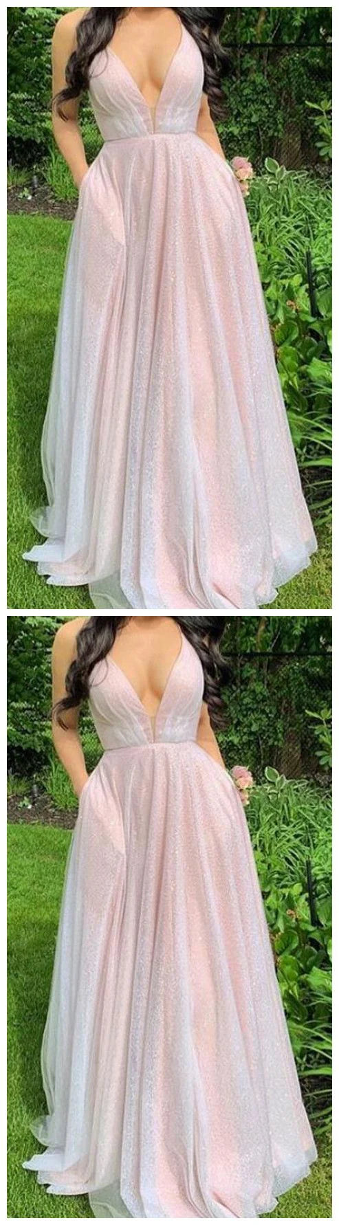 Light pink long dress dress with deep V-neck and thin straps suitable for dinners, dances, etc