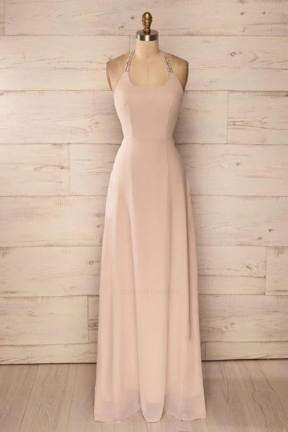 Light pink long dress with neck hanging collar, slim fit and waist cinching, suitable for banquets, weddings and other occasions