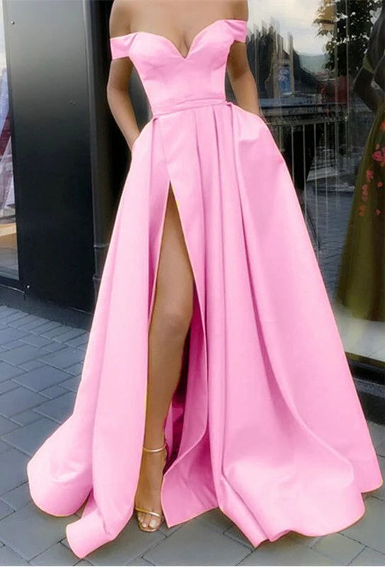 Light pink satin dress with one shoulder, high waist, and large skirt with high slit, suitable for dinner parties