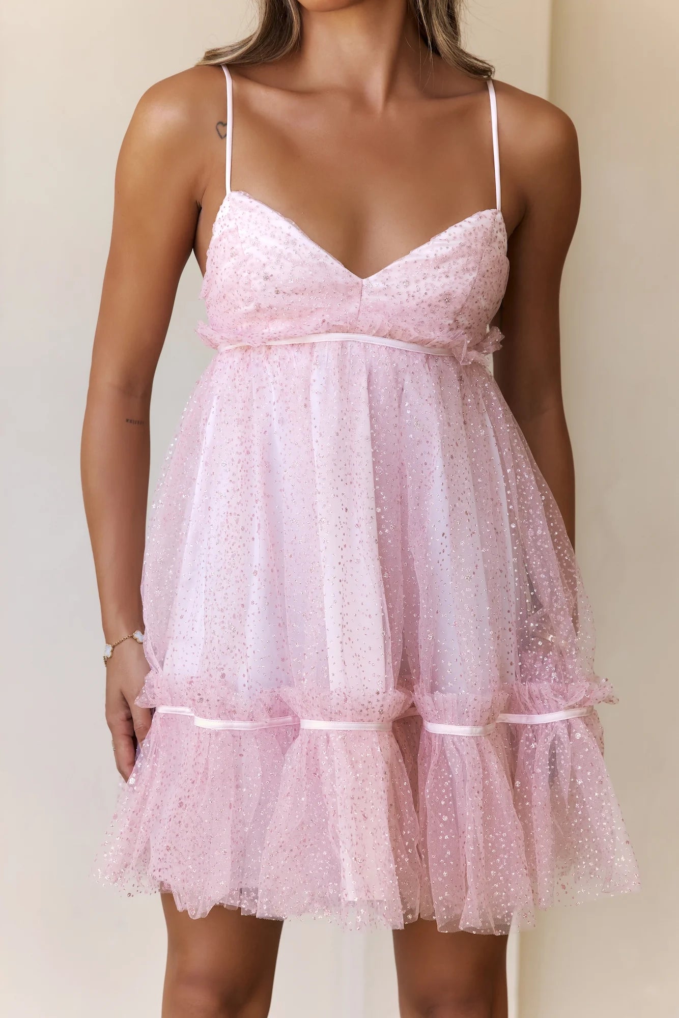 Light pink sequined mesh camisole dress with deep V-neck design suitable for parties, dates, and other occasions