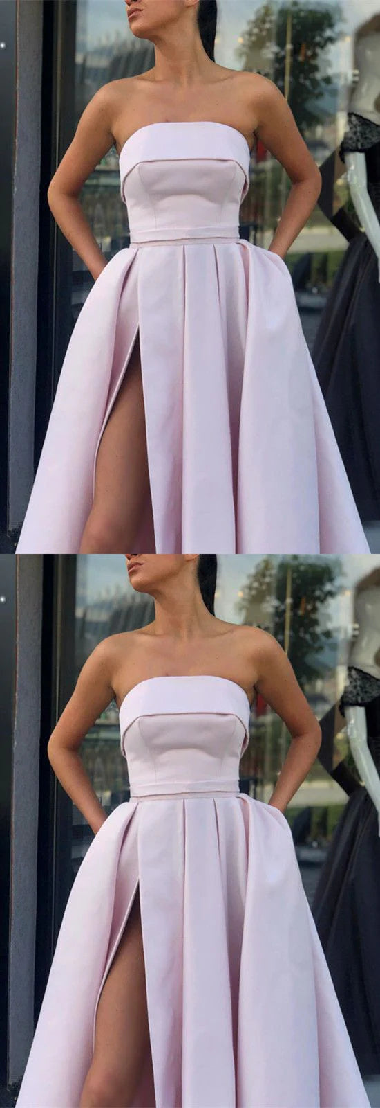 Light pink strapless dress with strapless design highlighting shoulder and neck lines, suitable for dinners, parties, etc