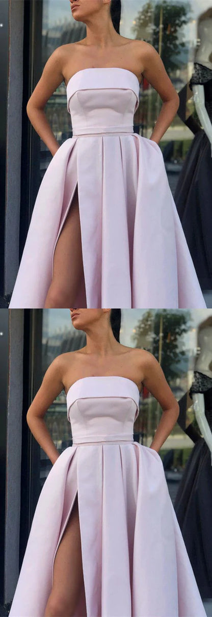 Light pink strapless dress with strapless design highlighting shoulder and neck lines, suitable for dinners, parties, etc