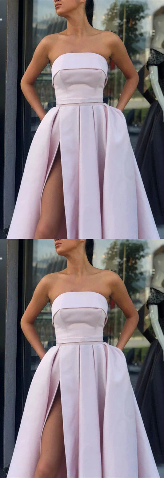 Light pink strapless dress with strapless design highlighting shoulder and neck lines, suitable for dinners, parties, etc