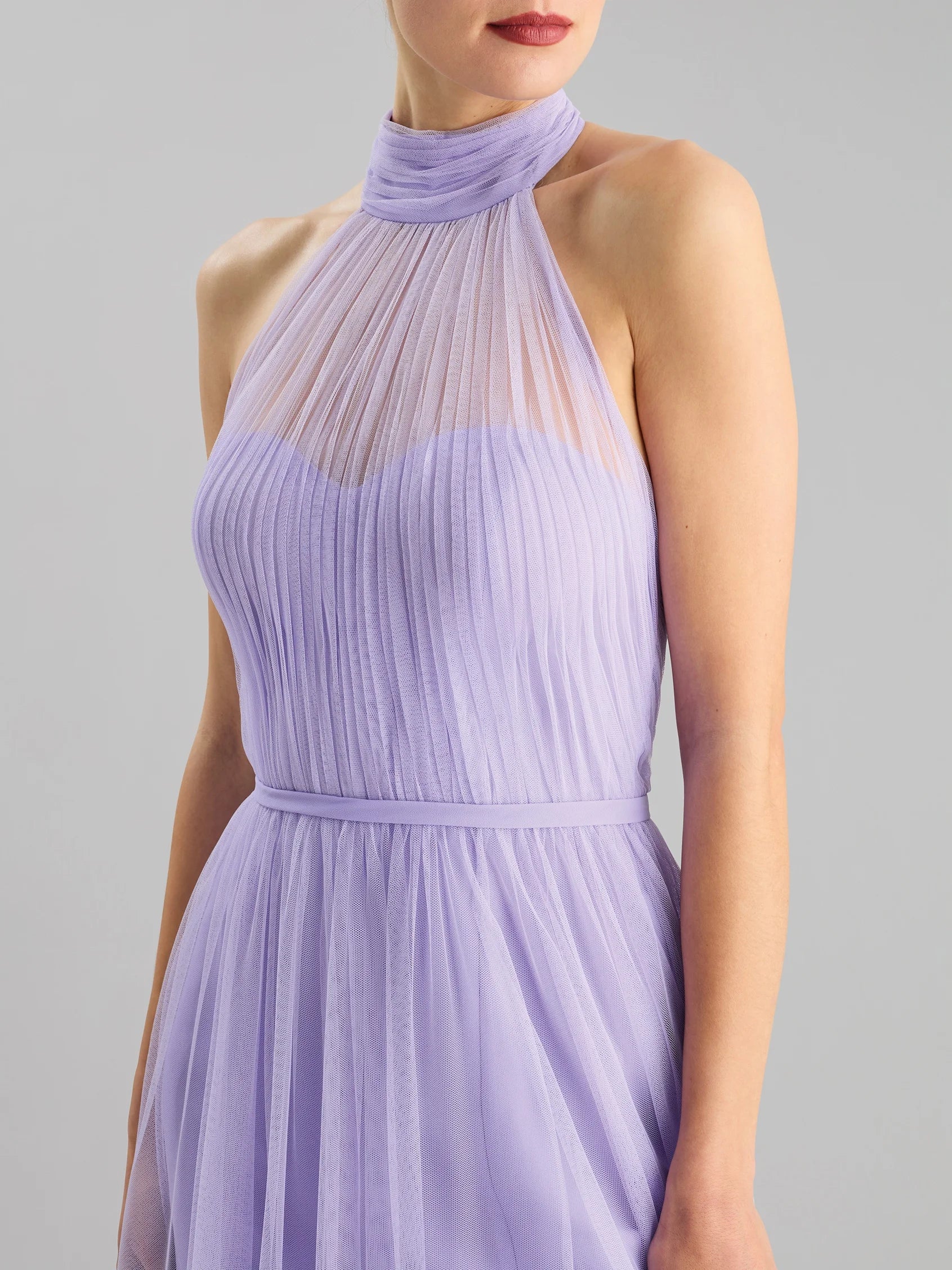 Lilac Halter Neck Tulle Maxi Dress with Side Slit A-line party dress with a halter neck Bridesmaid Dresses