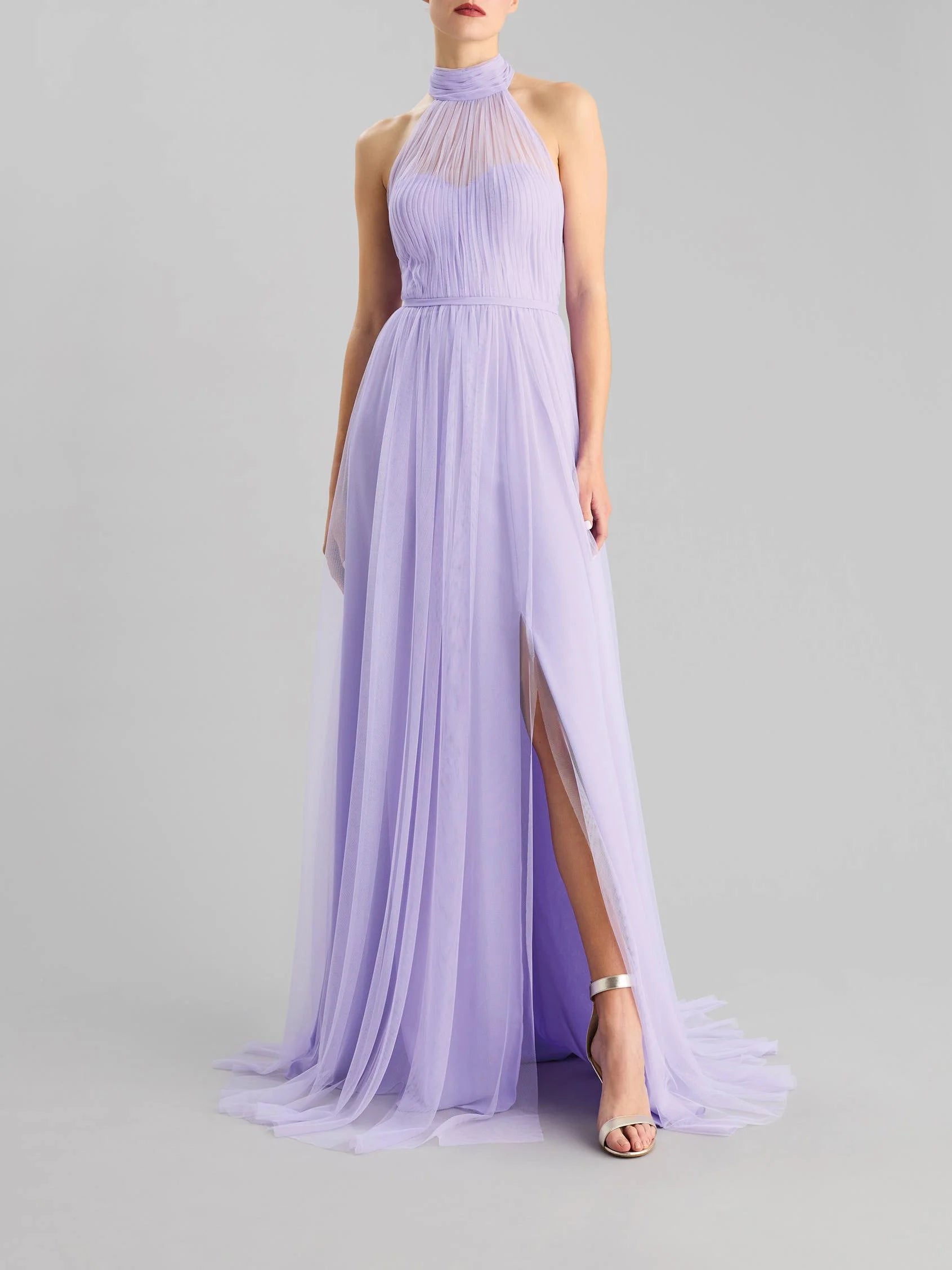 Lilac Halter Neck Tulle Maxi Dress with Side Slit A-line party dress with a halter neck Bridesmaid Dresses
