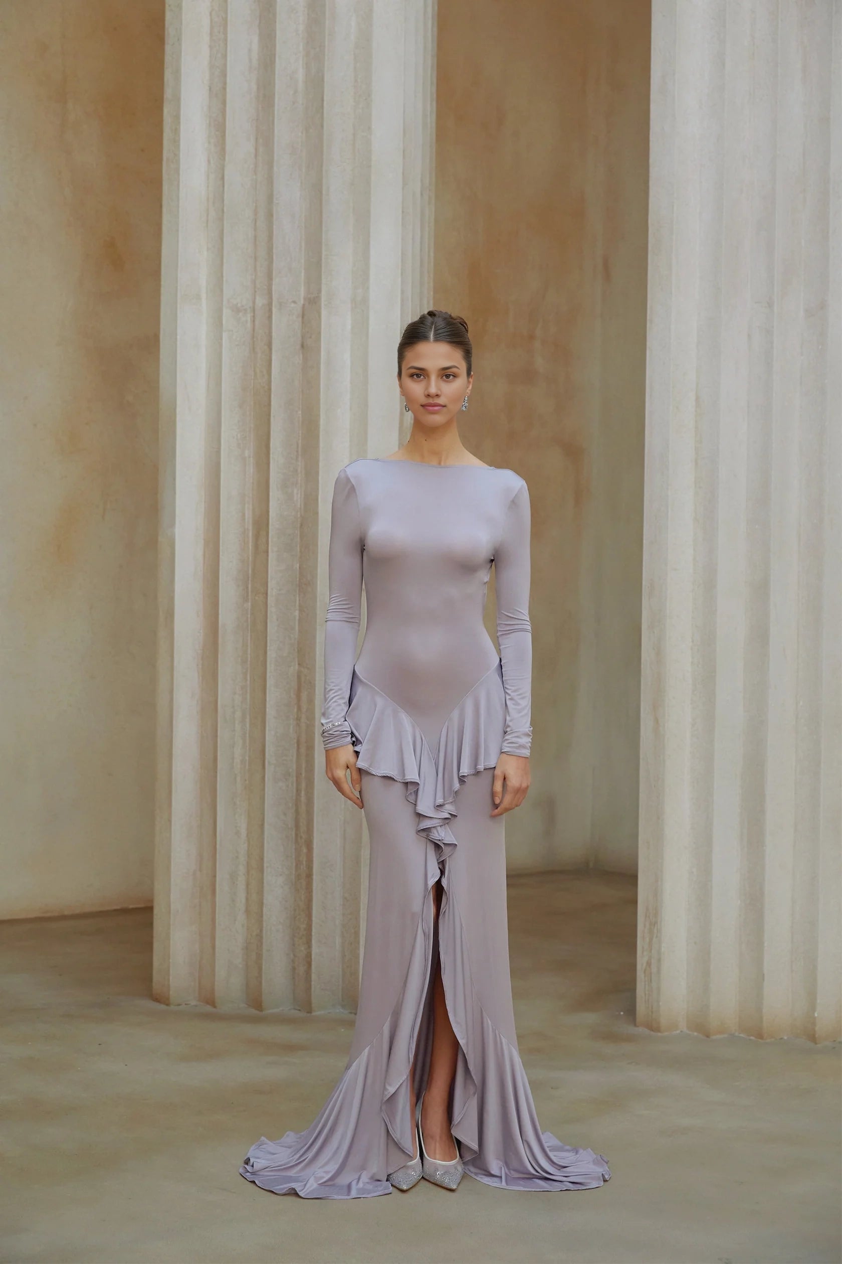 Lilac Long Sleeve Ruffled High - Slit Maxi Dress Purple Ruffle Detail Maxi Dress with Front Slit Evening Dress