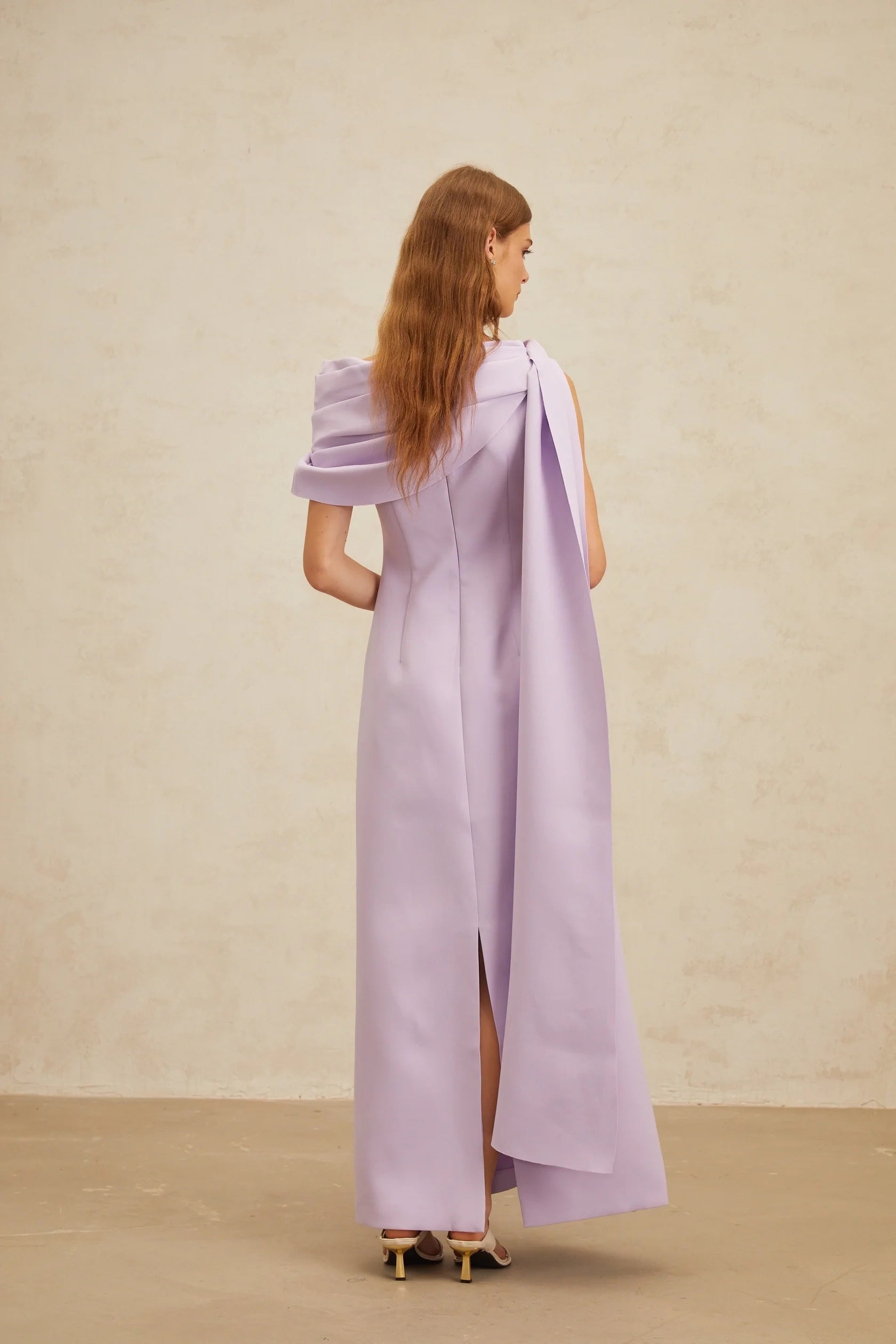 Lilac One - Shoulder Maxi Dress with Draped Detail Annabelle Purple Cape-Design Ribbon Maxi Dress Evening Dress
