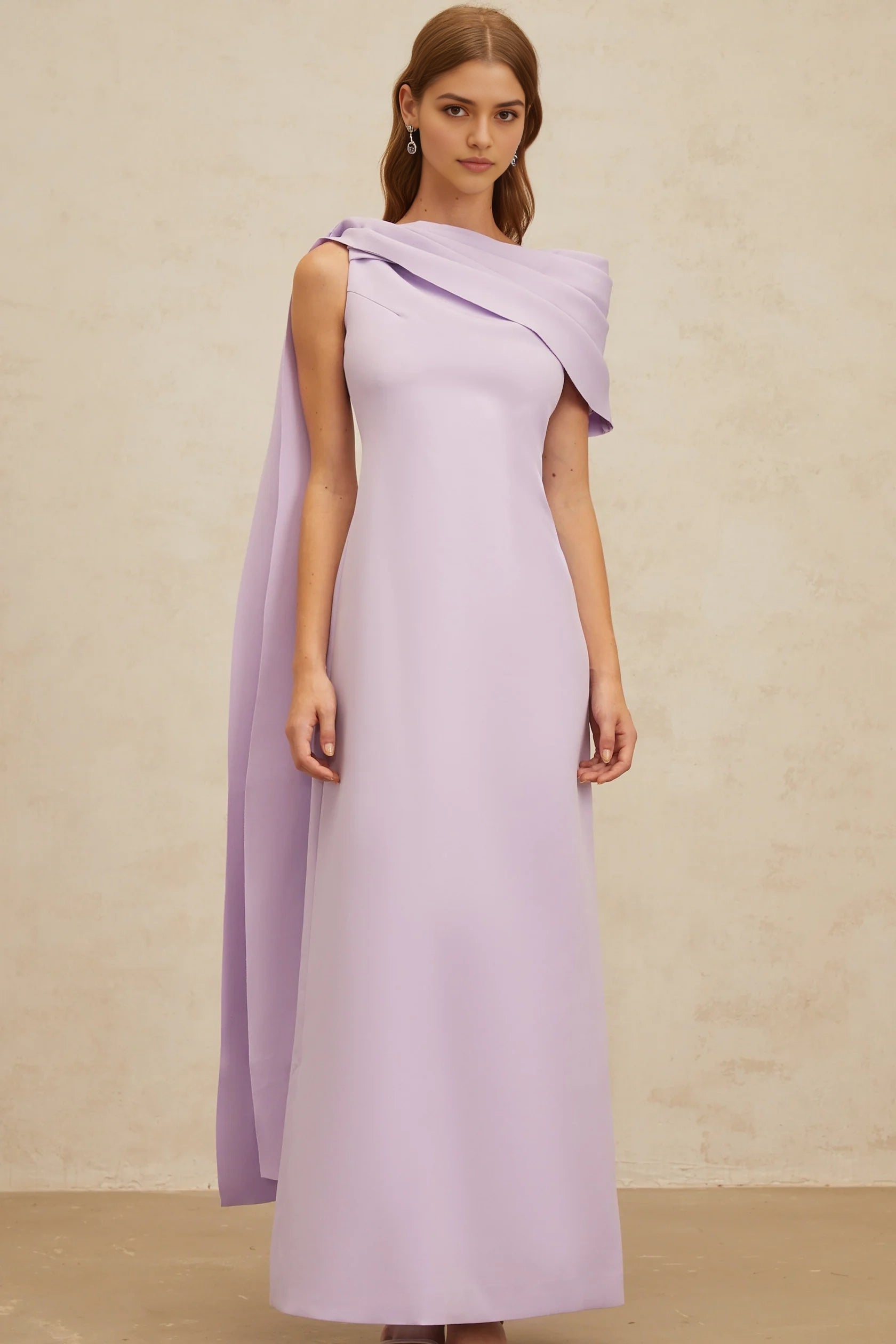 Lilac One - Shoulder Maxi Dress with Draped Detail Annabelle Purple Cape-Design Ribbon Maxi Dress Evening Dress
