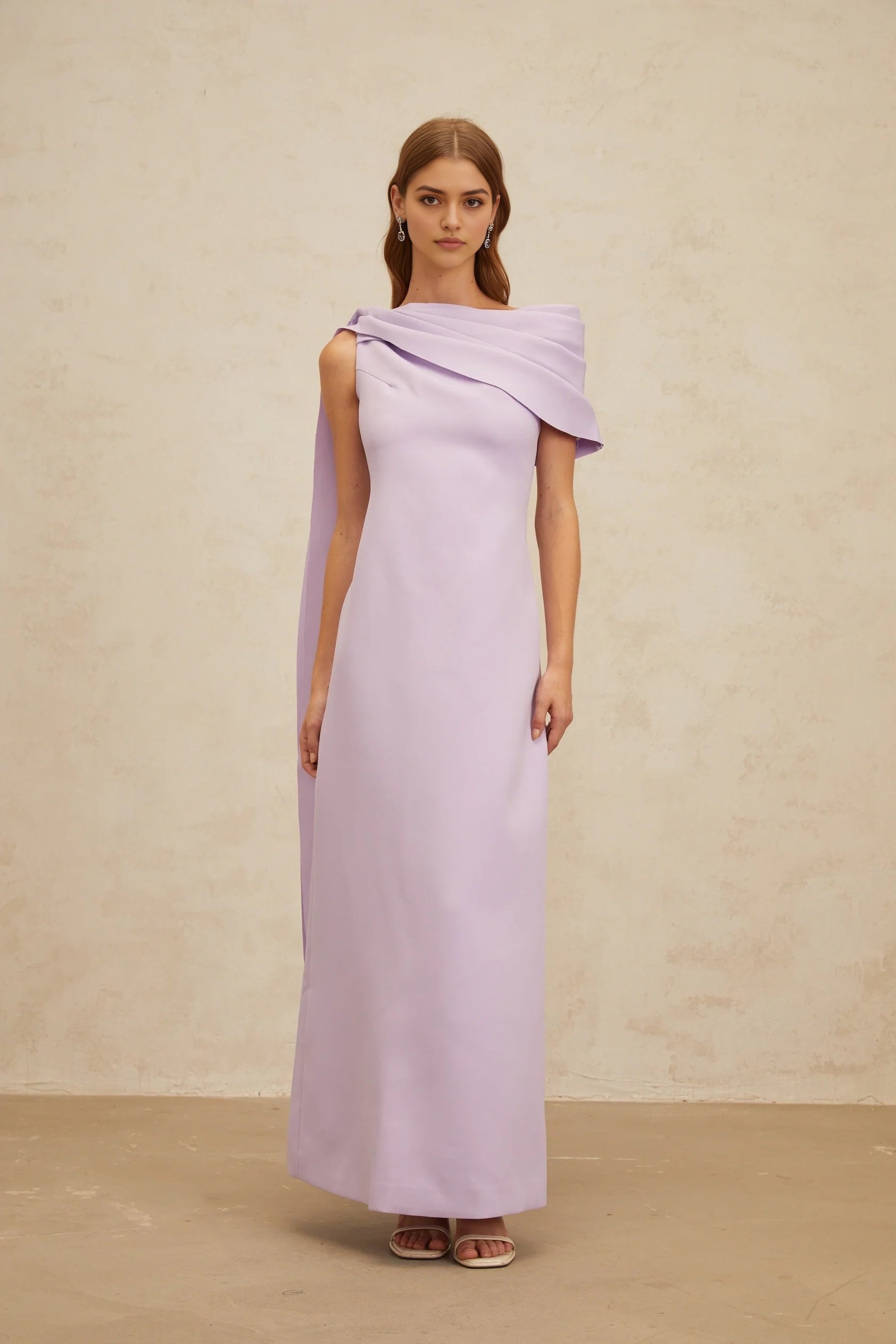 Lilac One - Shoulder Maxi Dress with Draped Detail Annabelle Purple Cape-Design Ribbon Maxi Dress Evening Dress