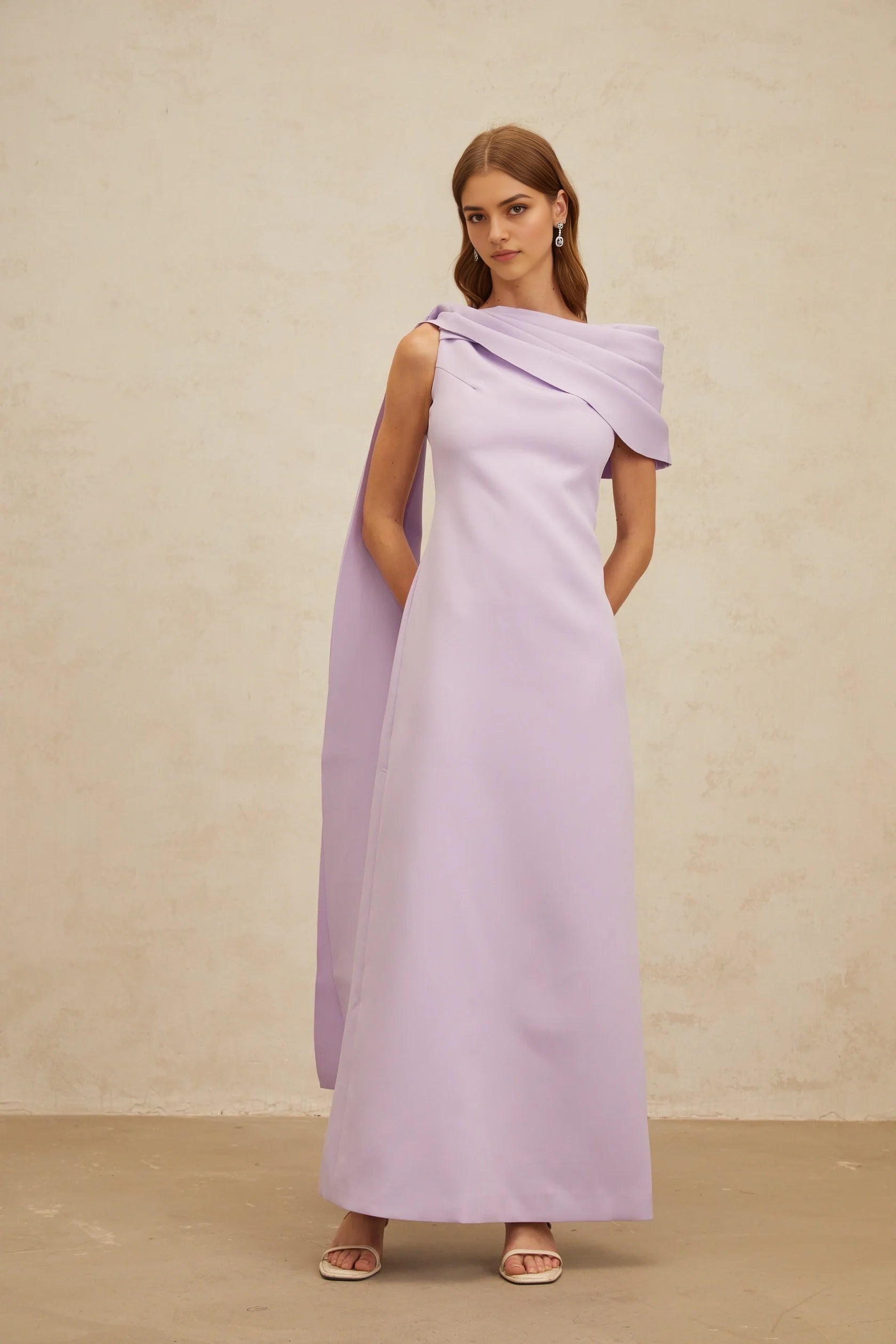 Lilac One - Shoulder Maxi Dress with Draped Detail Annabelle Purple Cape-Design Ribbon Maxi Dress Evening Dress